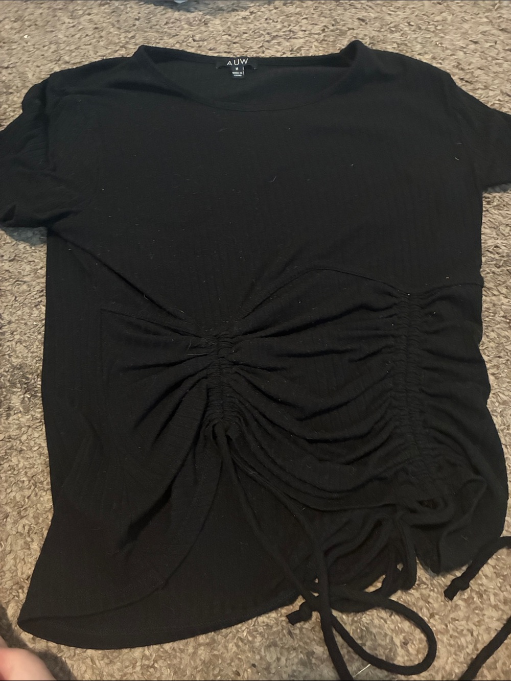 AUW Black Short Sleeve Ruched Drawstring Blouse